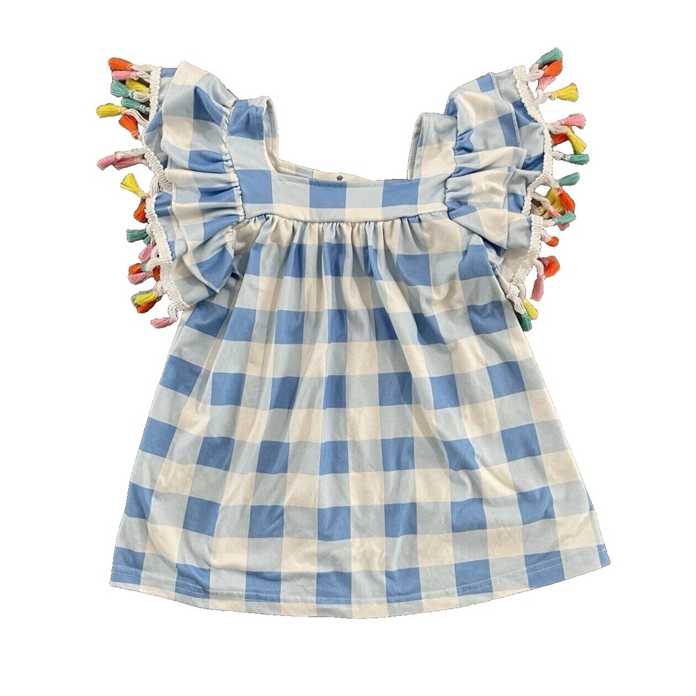Marie Nicole‎  Girls  Blue Check Tassel Sleeve Dress/Top Sz XXS EUC